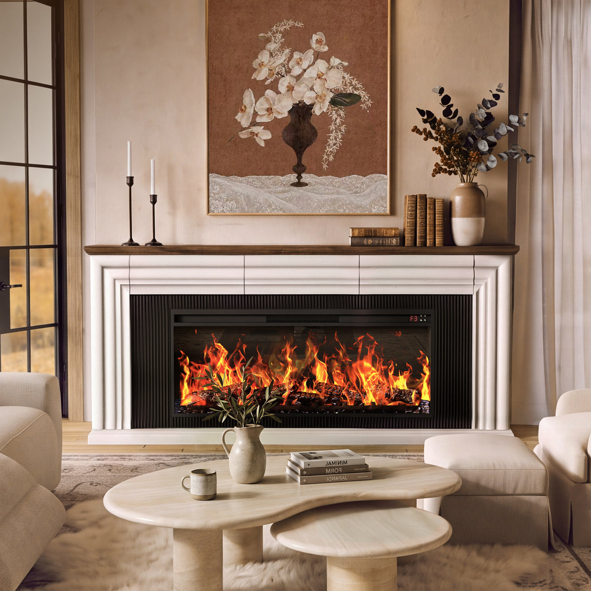 Amadwell 70'' Fireplace TV Stand for 65 75'' TV, Farmhouse TV Stand with 42'' Electric Fireplace, Entertainment Center TV Console for Living Room, 3 Storage Drawers & Fluted Design, Distressed White