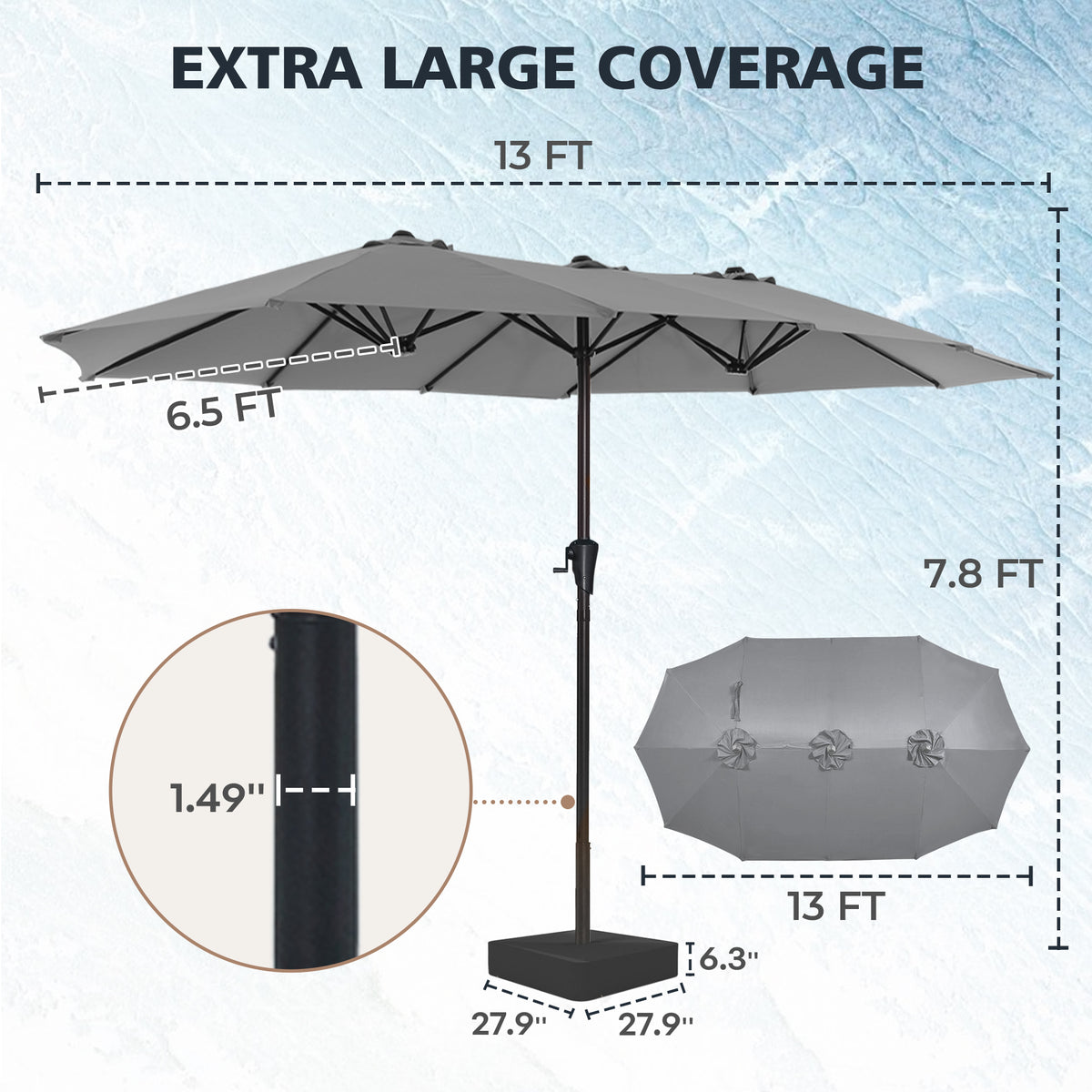 Amadwell 13FT Large Patio Umbrella with Base Included, Double Sided Outdoor Umbrellas, Gray