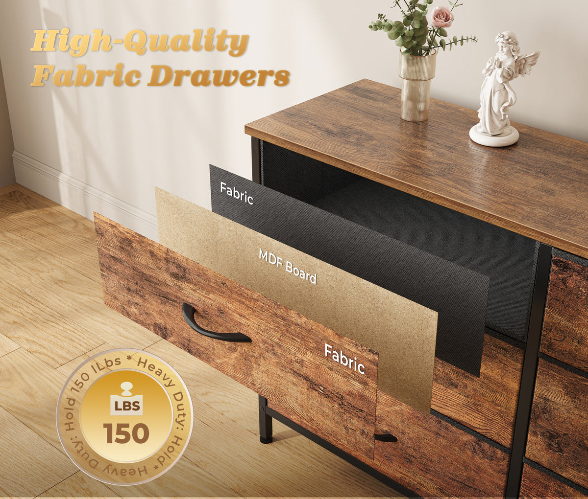Amadwell 78.8 Inch Dresser with 15 Fabric Drawers, Large TV Stand for 65, 75, 85 Inch TV, Long Dresser for Bedroom, Entertainment Center for Living Room, Chest of Drawers & Storage, Rustic Brown