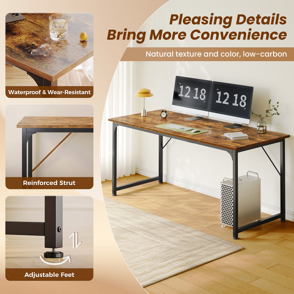 63" Computer Desk, Modern Office, Study & Gaming Desk with Storage, Large Legroom, Sturdy Metal Frame, Rustic Brown