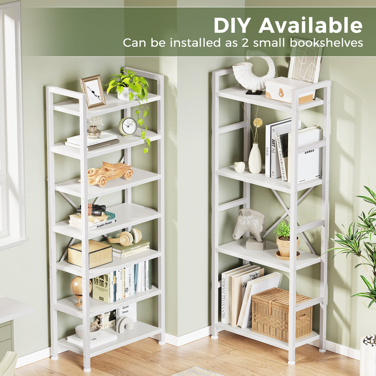 Amadwell 4 Tier Industrial Bookcase, Large Shelf Bookshelf, 11 Units Storage for Living Room, White