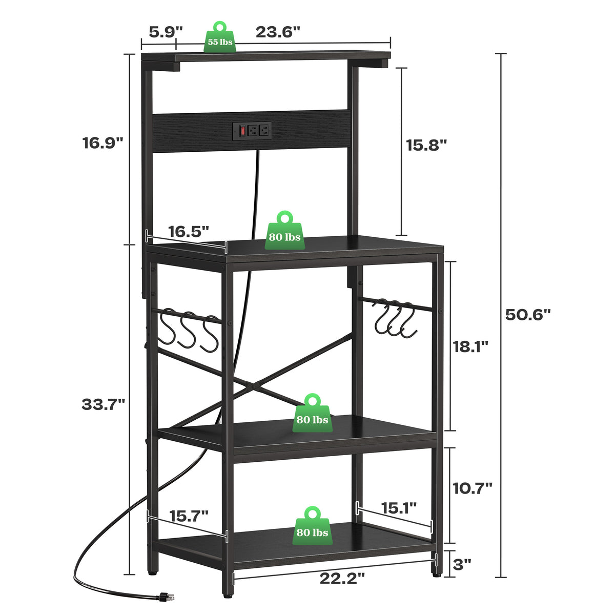Amadwell 4-Tier Kitchen Storage Shelf Organizer Bakers Rack with Power Outlets, Coffee Bar & Microwave Stand, All Black