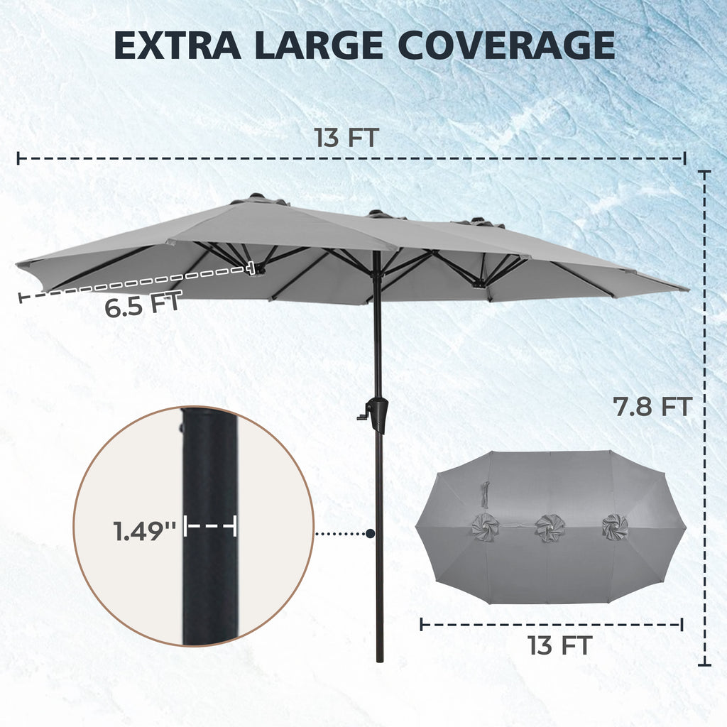 Amadwell 13FT Large Patio Umbrella, Double Sided Outdoor Rectangular Umbrellas with Fade Resistant Canopy, Gray