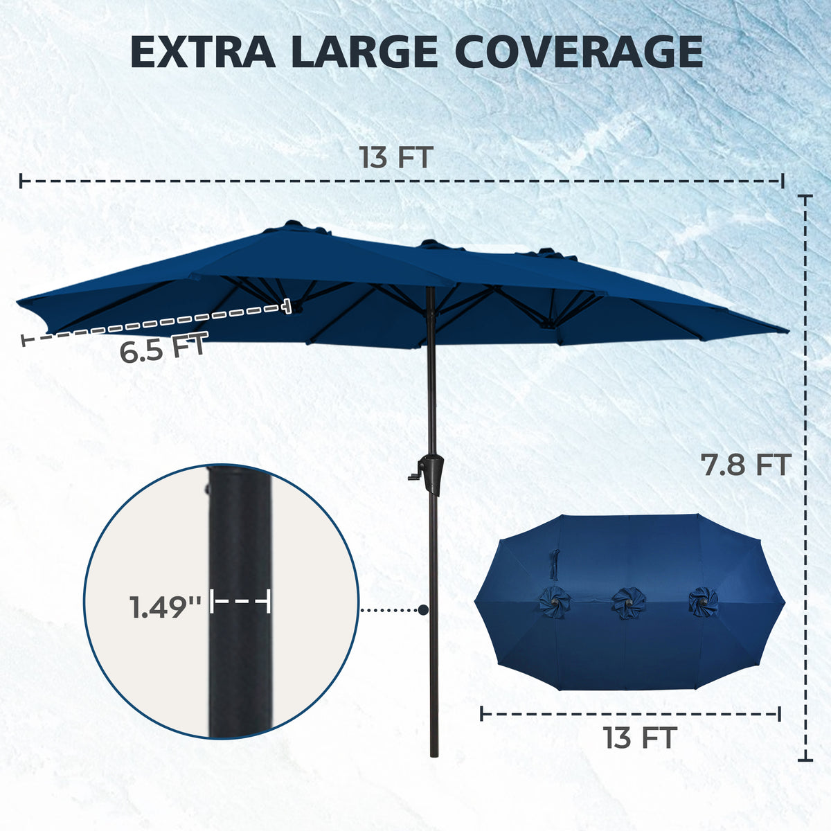 Amadwell 13FT Large Patio Umbrella, Double Sided Outdoor Rectangular Umbrellas with Fade Resistant Canopy, Navy Blue