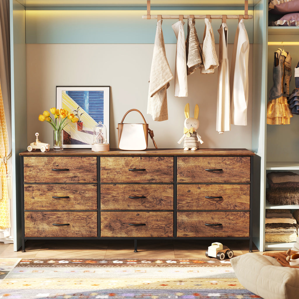 9 Drawer Bedroom Dresser with Storage, 55 Inch TV Stand for 55, 60 Inch TV, Fabric Chest for Closet, Brown