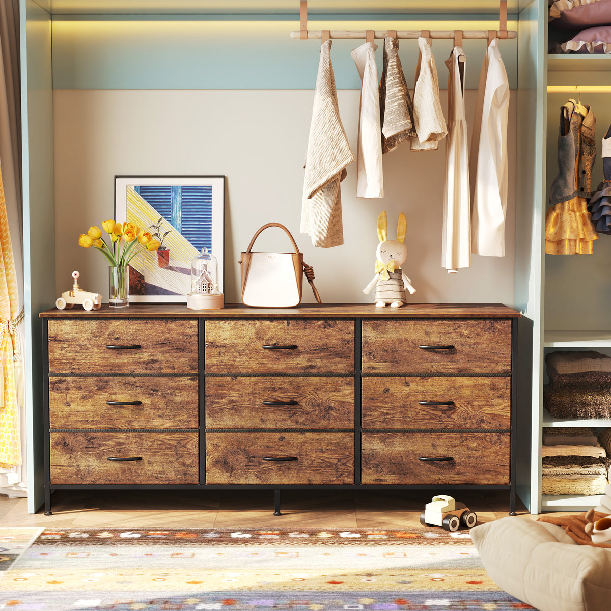 9 Drawer Bedroom Dresser with Storage, 55 Inch TV Stand for 55, 60 Inch TV, Fabric Chest for Closet, Brown
