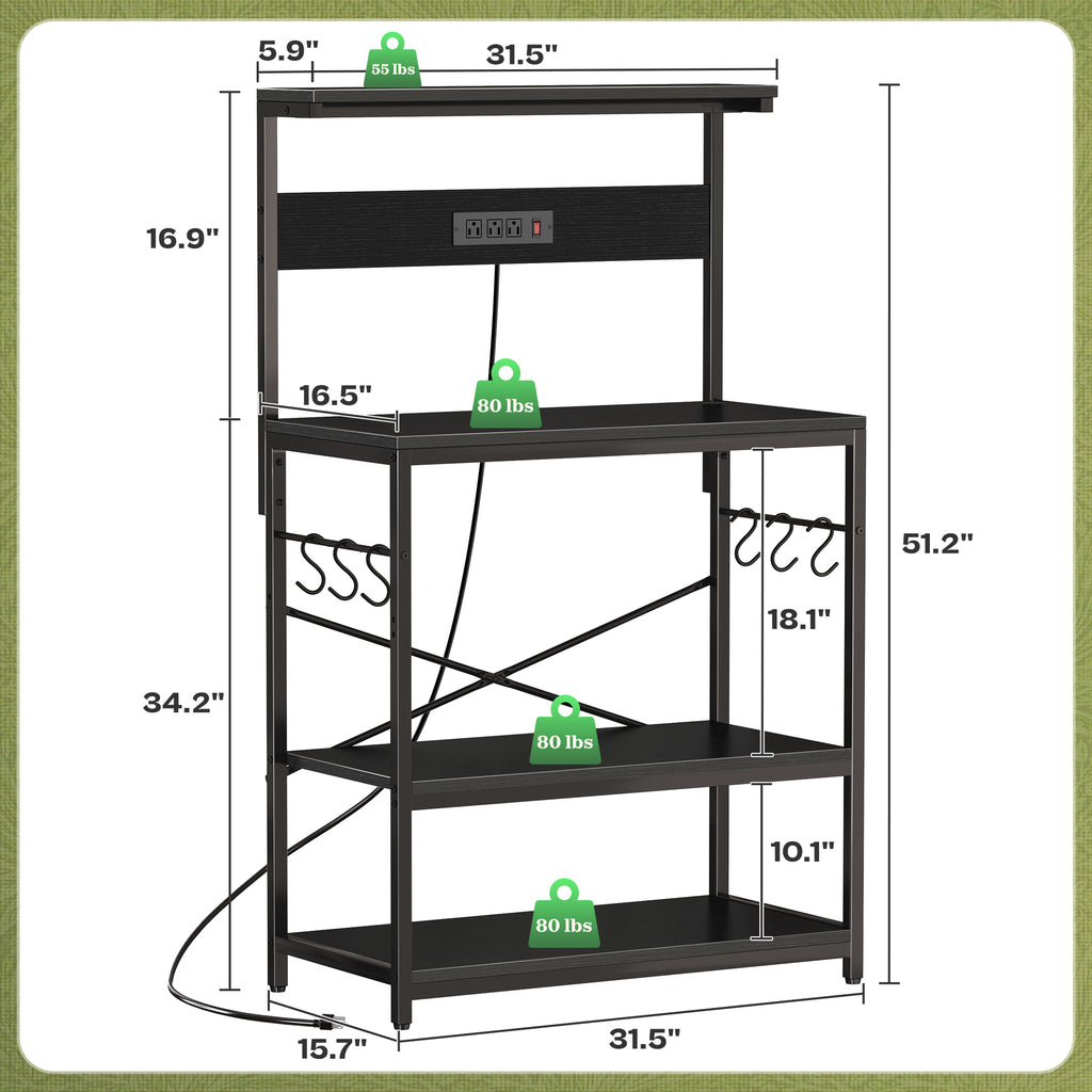 Amadwell Kitchen Bakers Rack with Power Outlets, 31.5" Large Microwave Stand, Coffee Bar Station, Black