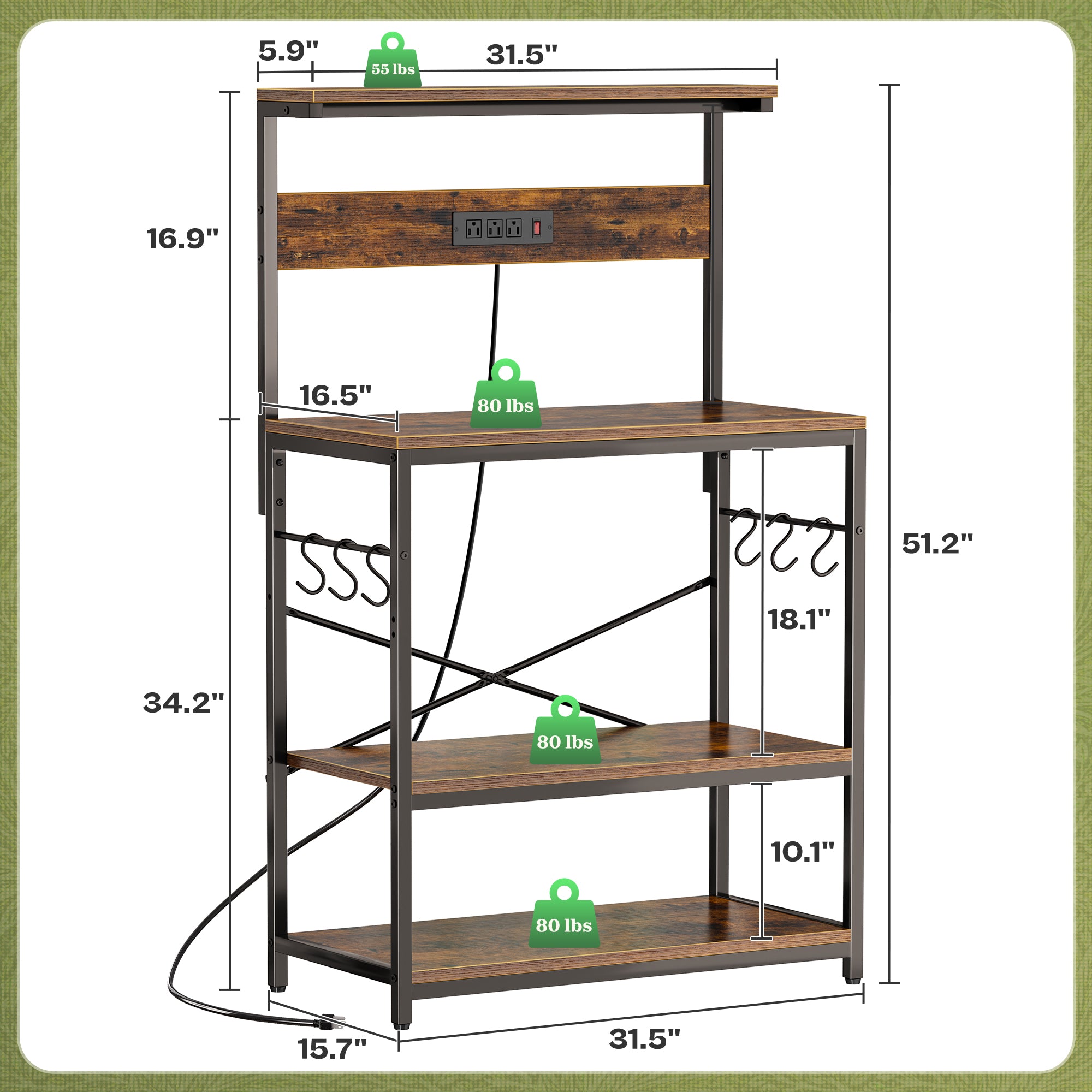 Amadwell Kitchen Bakers Rack with Power Outlets, 31.5" Large Microwave Stand, Coffee Bar Station, Brown