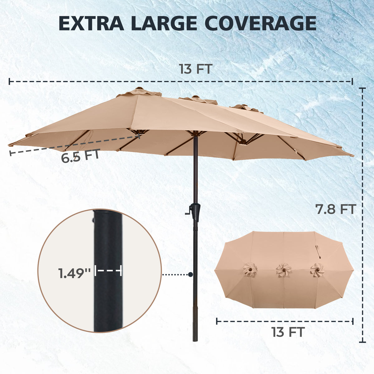 Amadwell 13FT Large Patio Umbrella, Double Sided Outdoor Rectangular Umbrellas with Fade Resistant Canopy, Beige
