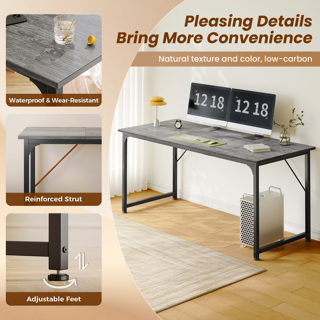 63" Computer Desk, Modern Office, Study & Gaming Desk with Storage, Large Legroom, Sturdy Metal Frame, Grey