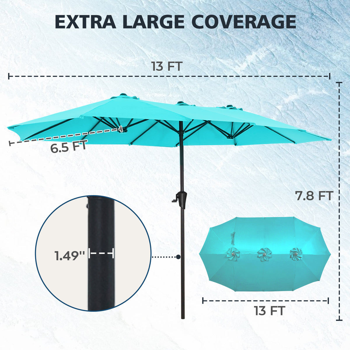 Amadwell 13FT Large Patio Umbrella, Double Sided Outdoor Rectangular Umbrellas with Fade Resistant Canopy, Light Blue