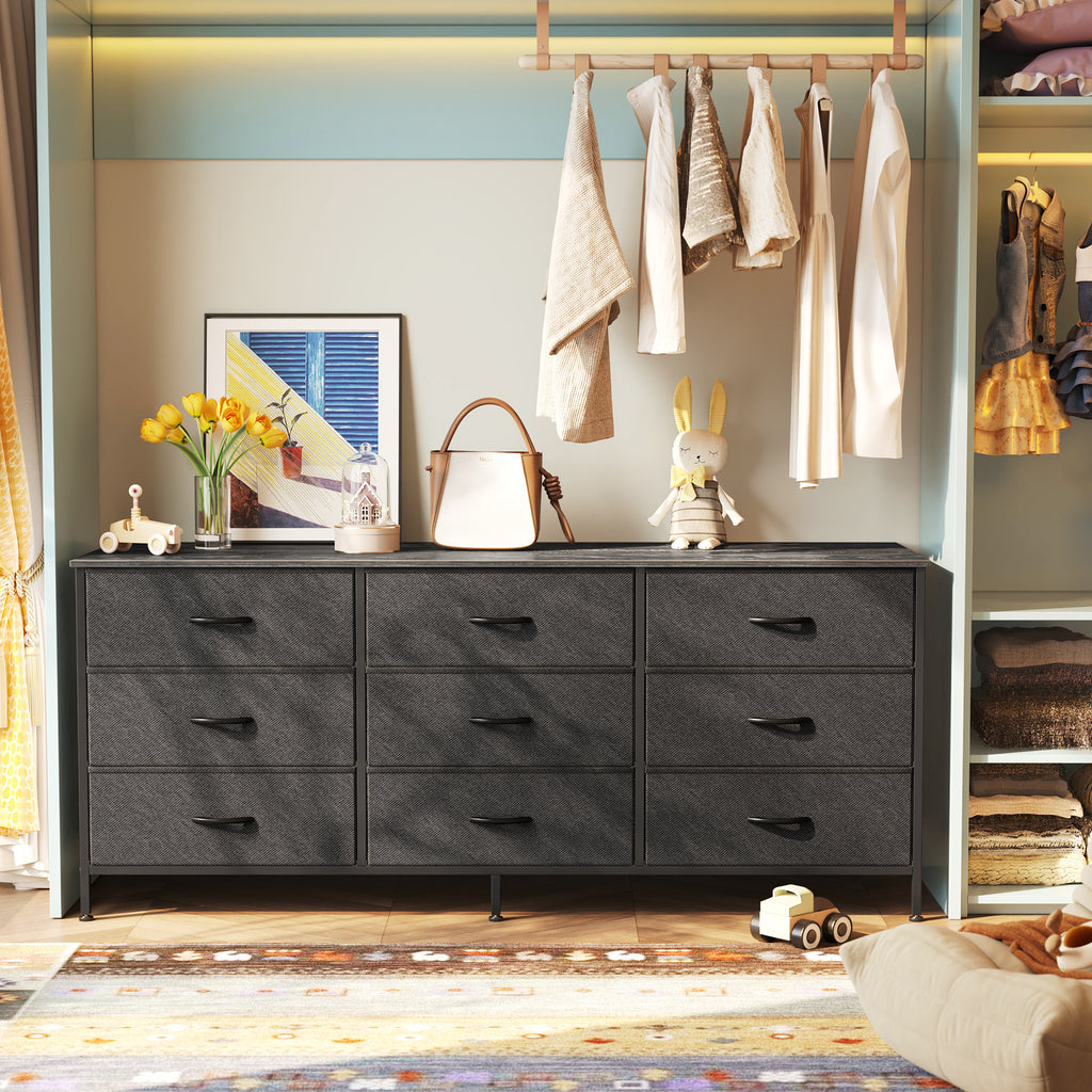 9 Drawer Bedroom Dresser with Storage, 55 Inch TV Stand for 55, 60 Inch TV, Fabric Chest for Closet, Black