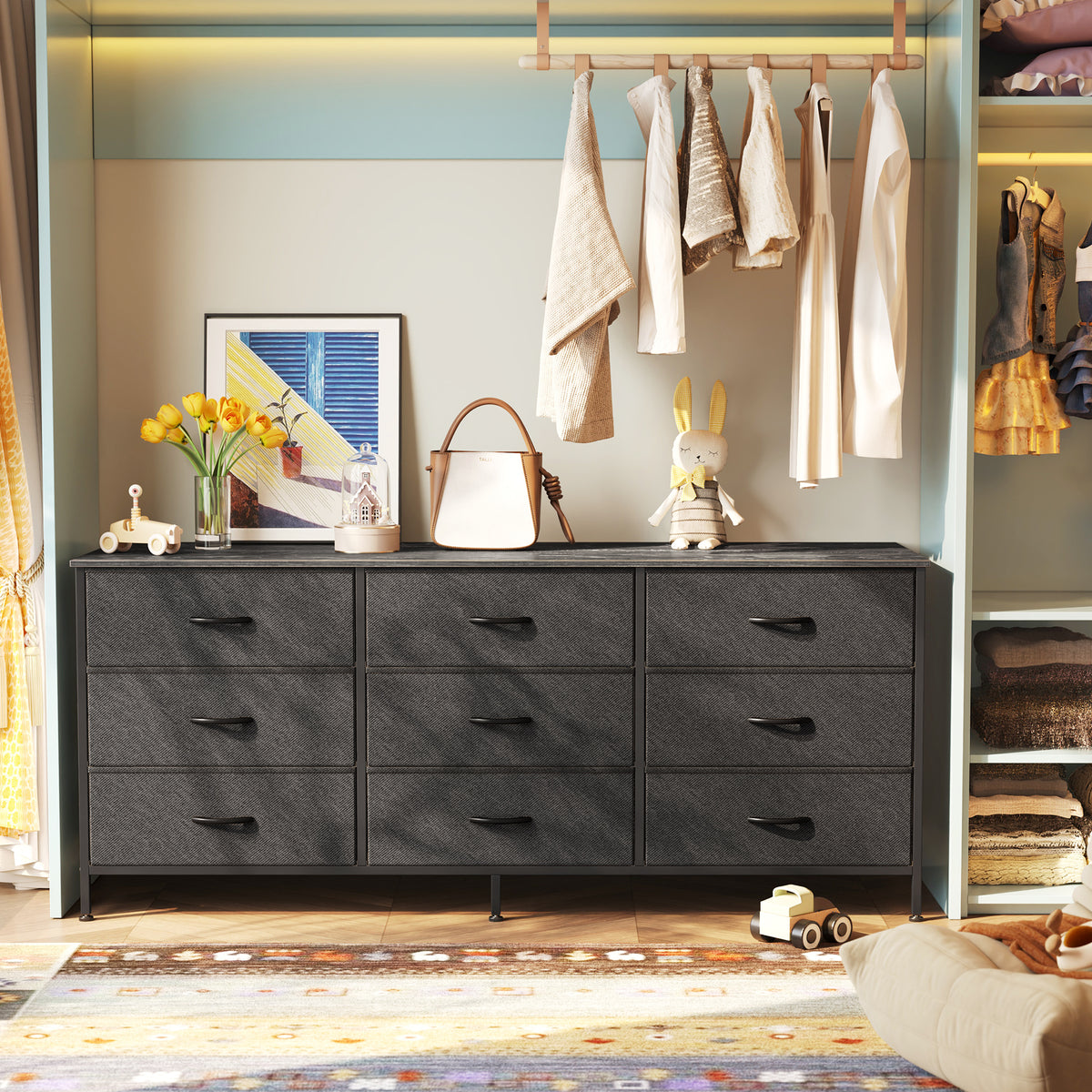9 Drawer Bedroom Dresser with Storage, 55 Inch TV Stand for 55, 60 Inch TV, Fabric Chest for Closet, Black