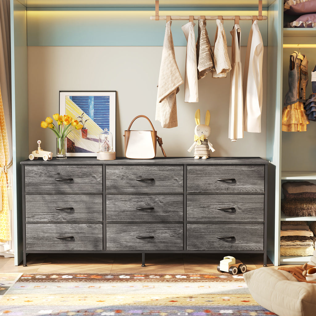 9 Drawer Bedroom Dresser with Storage, 55 Inch TV Stand for 55, 60 Inch TV, Fabric Chest for Closet, Gray