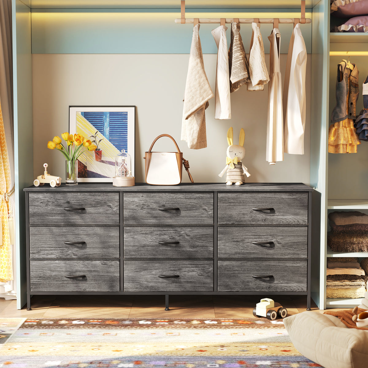 9 Drawer Bedroom Dresser with Storage, 55 Inch TV Stand for 55, 60 Inch TV, Fabric Chest for Closet, Gray