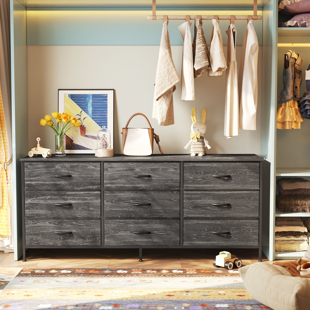 9 Drawer Bedroom Dresser with Storage, 55 Inch TV Stand for 55, 60 Inch TV, Fabric Chest for Closet, Charcoal Black Wood Grain Print