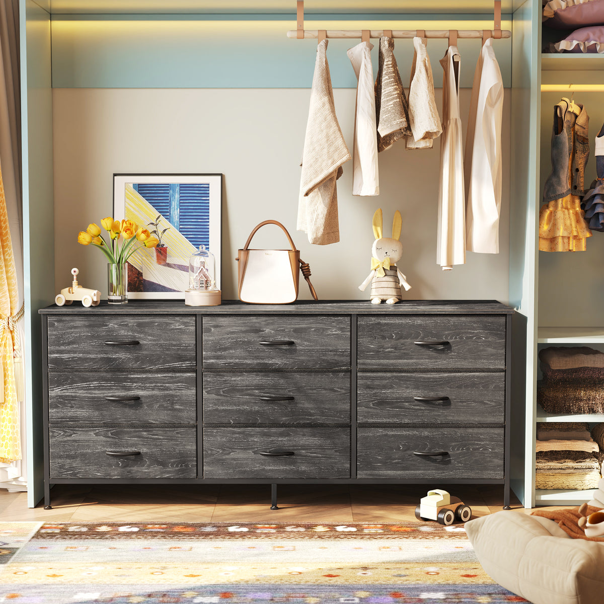 9 Drawer Bedroom Dresser with Storage, 55 Inch TV Stand for 55, 60 Inch TV, Fabric Chest for Closet, Charcoal Black Wood Grain Print