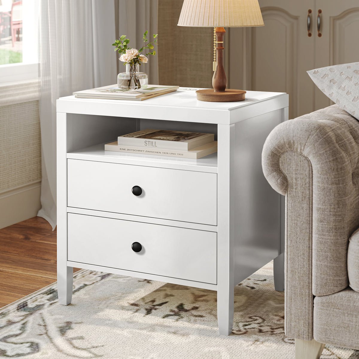 Amadwell Nightstand with Charging Station, Bedside End Table with 2 Drawers & Storage for Bedroom, White