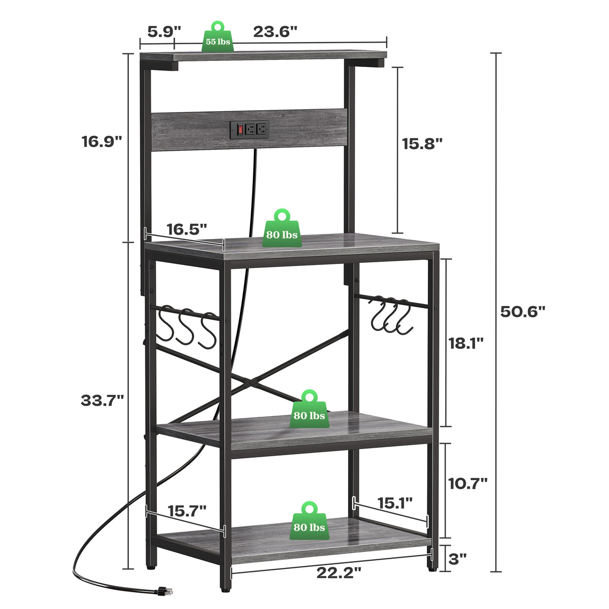 Amadwell 4-Tier Kitchen Storage Shelf Organizer Bakers Rack with Power Outlets, Coffee Bar & Microwave Stand, Gray