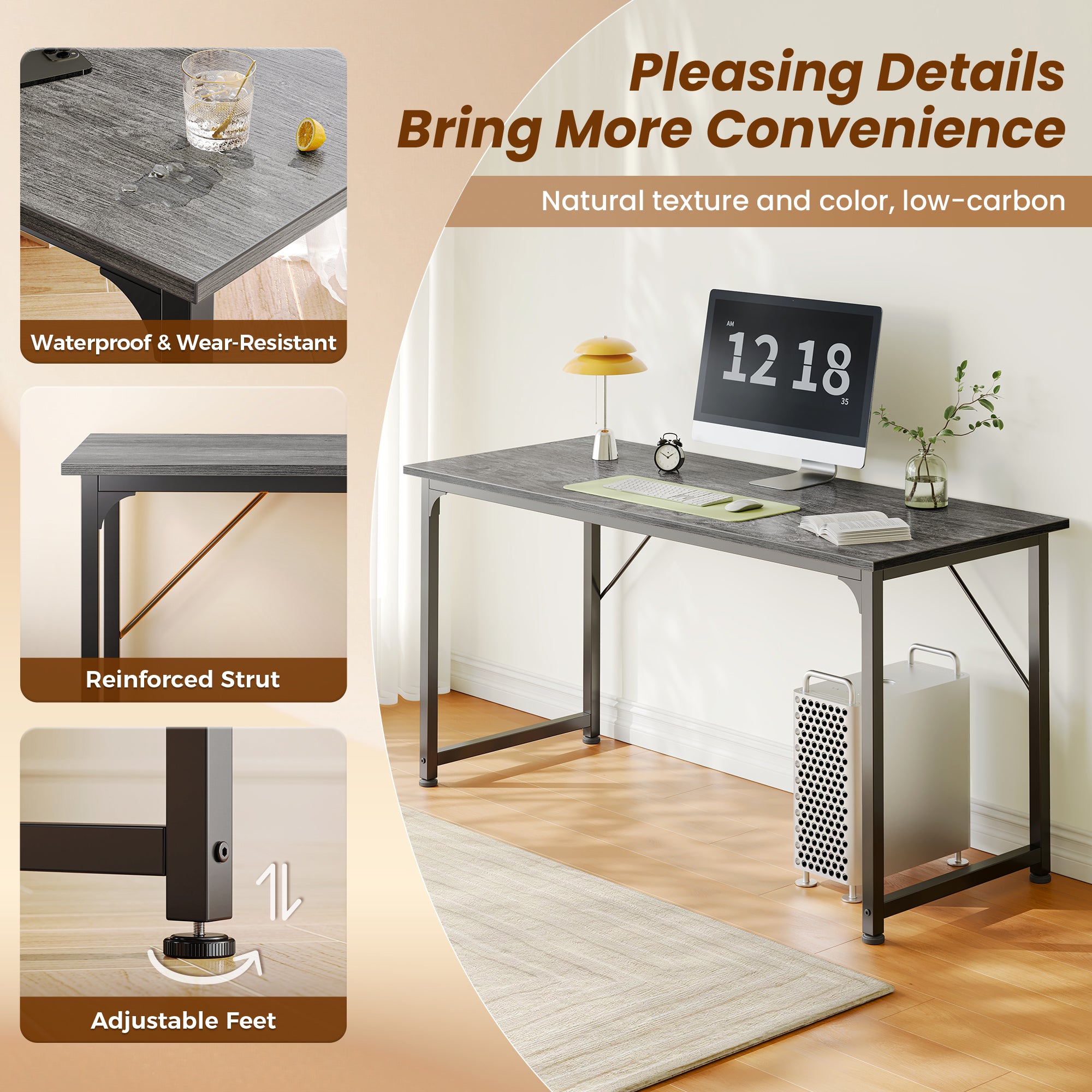 54" Computer Desk, Modern Office, Study & Gaming Desk with Storage, Large Legroom, Sturdy Metal Frame, Grey