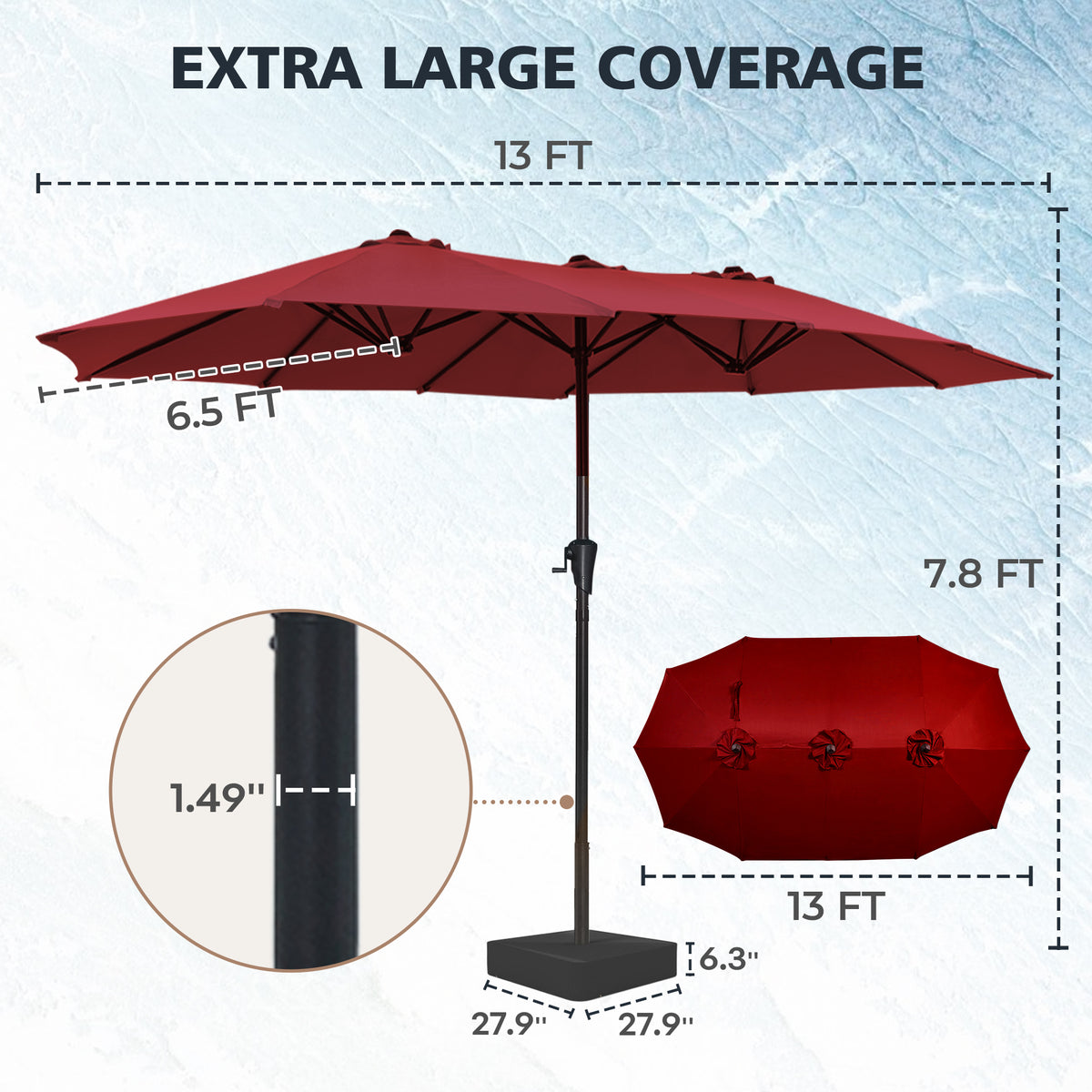 Amadwell 13FT Large Patio Umbrella with Base Included, Double Sided Outdoor Umbrellas, Red