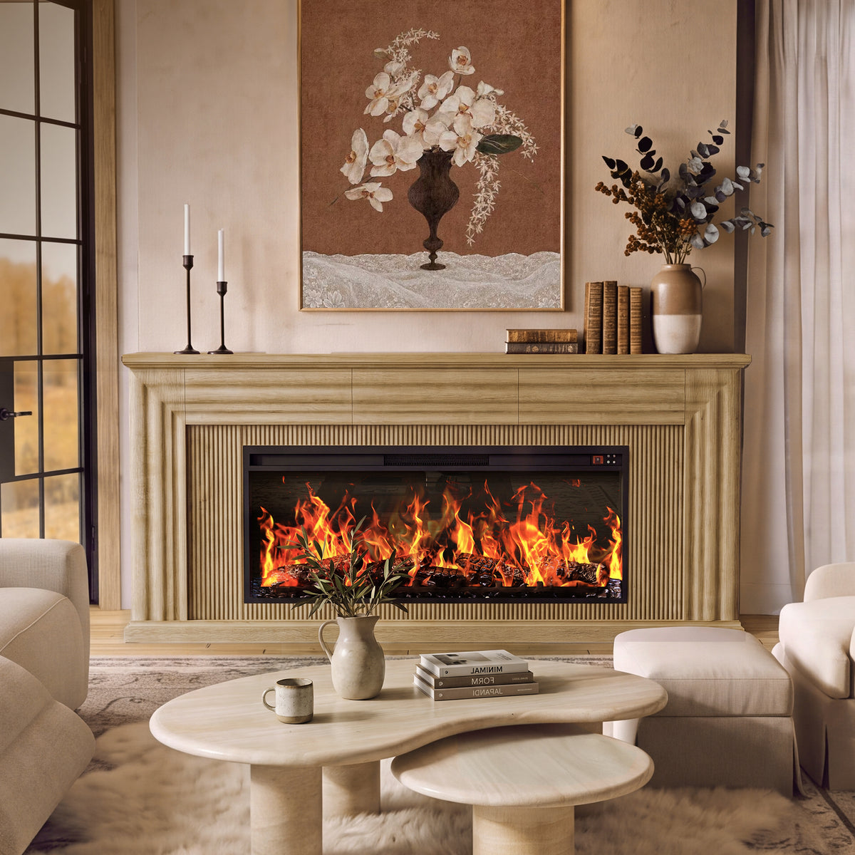 Amadwell 70'' Fireplace TV Stand for 65 75'' TV, Farmhouse TV Stand with 42'' Electric Fireplace, Entertainment Center TV Console for Living Room, 3 Storage Drawers & Fluted Design, Natural