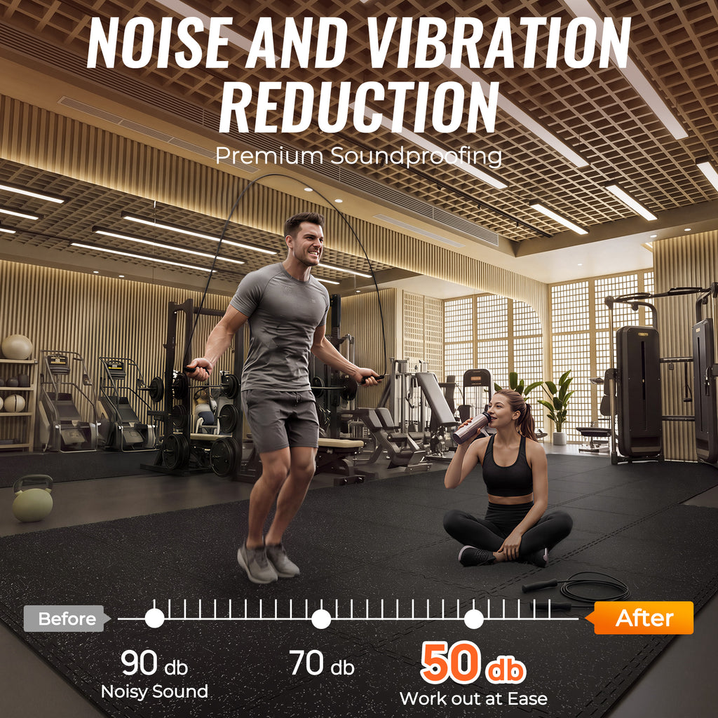 Amadwell 0.4" Thick 96 Sq Ft Gym Flooring for Home Gym，24 Tiles Upgraded Rubber Top with High Density EVA Foam, Interlocking Exercise Equipment Mats, Heavy Weight Workout Mat, Black/Grey