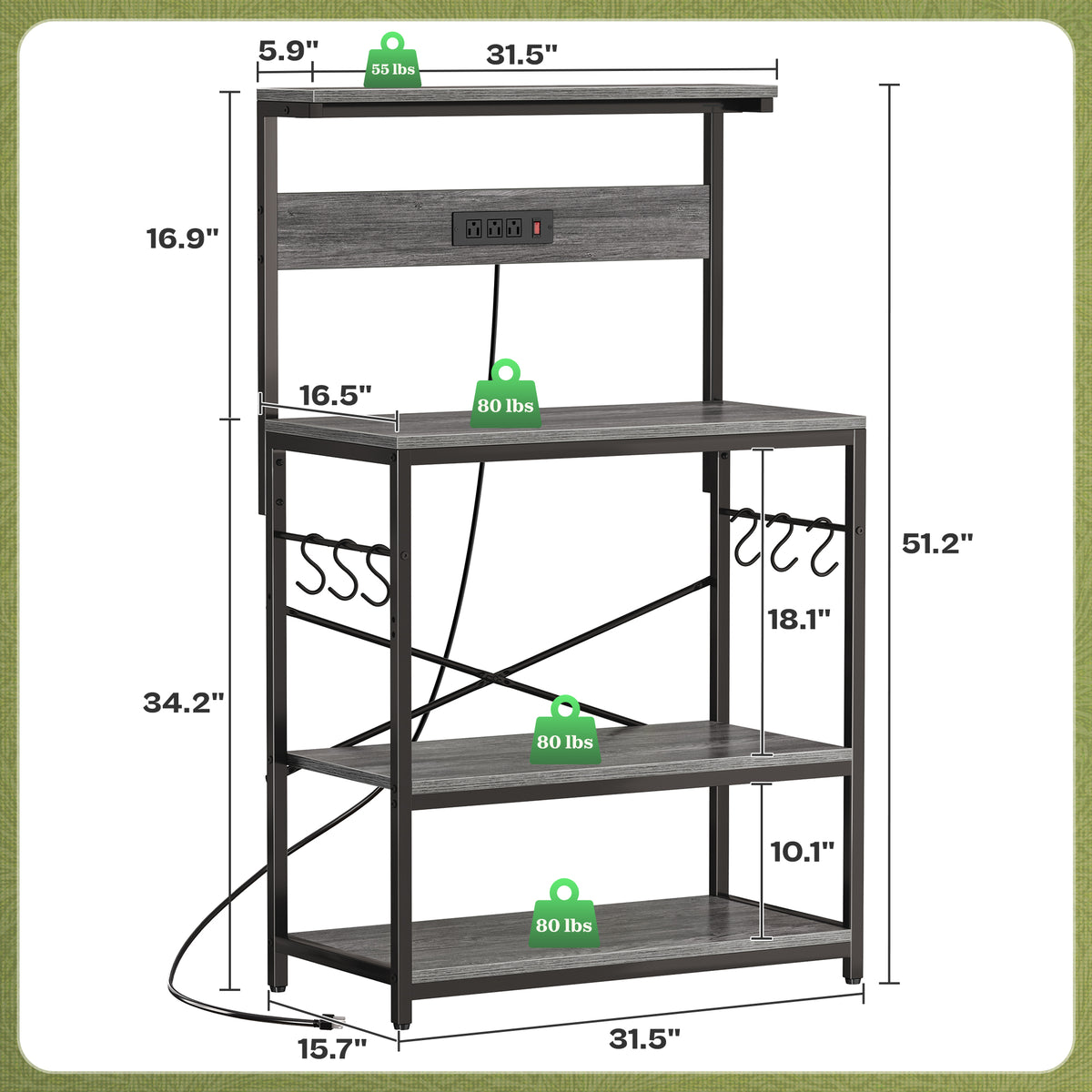 Amadwell Kitchen Bakers Rack with Power Outlets, 31.5" Large Microwave Stand, Coffee Bar Station, Gray