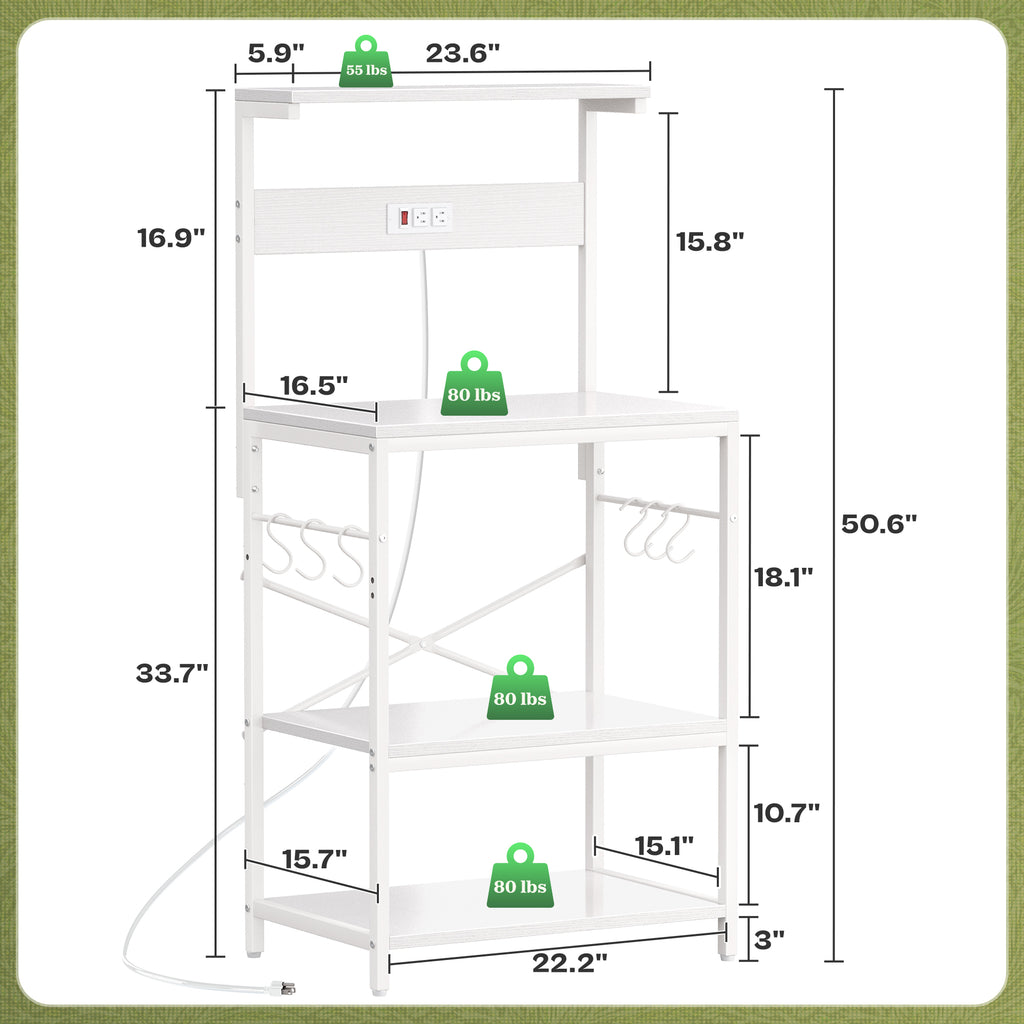 Amadwell 4-Tier Kitchen Storage Shelf Organizer Bakers Rack with Power Outlets, Coffee Bar & Microwave Stand, White