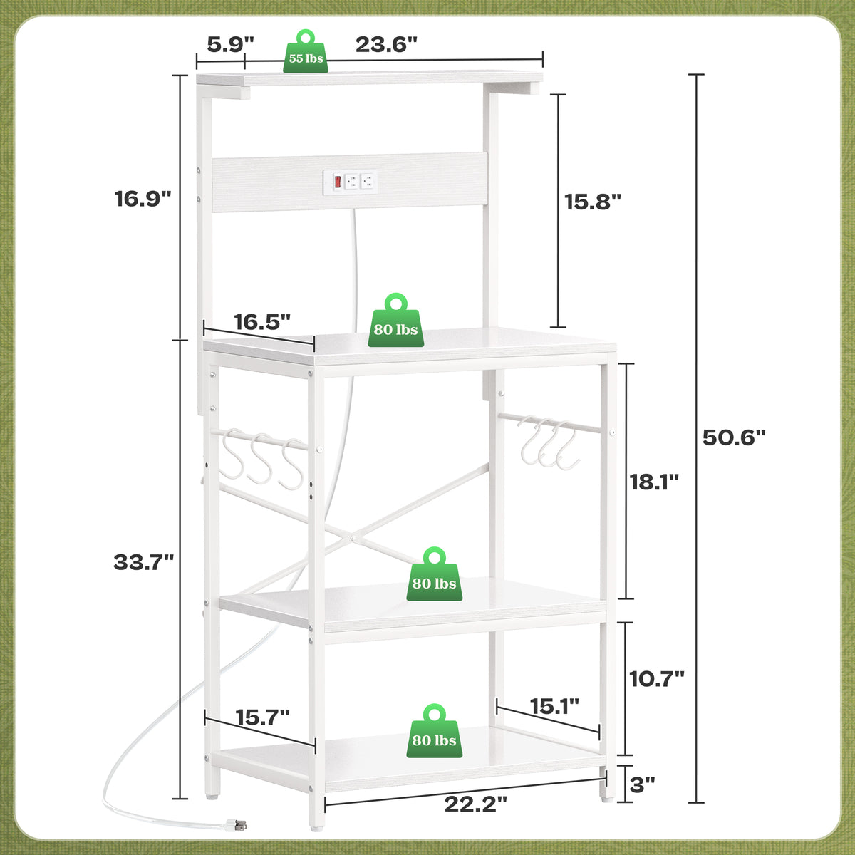 Amadwell 4-Tier Kitchen Storage Shelf Organizer Bakers Rack with Power Outlets, Coffee Bar & Microwave Stand, White