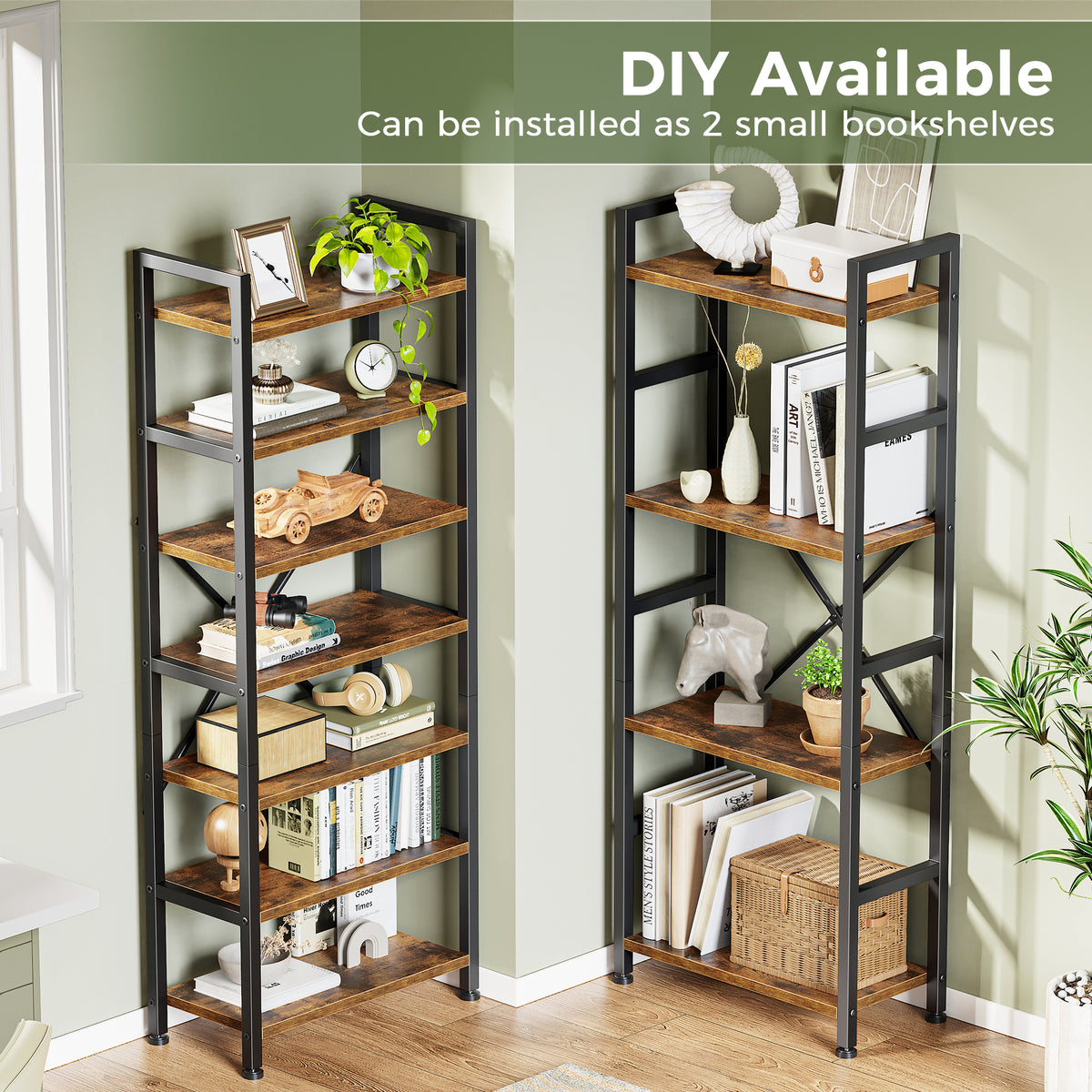 Amadwell 4 Tier Industrial Bookcase, Large Shelf Bookshelf, 11 Units Storage for Living Room, Brown