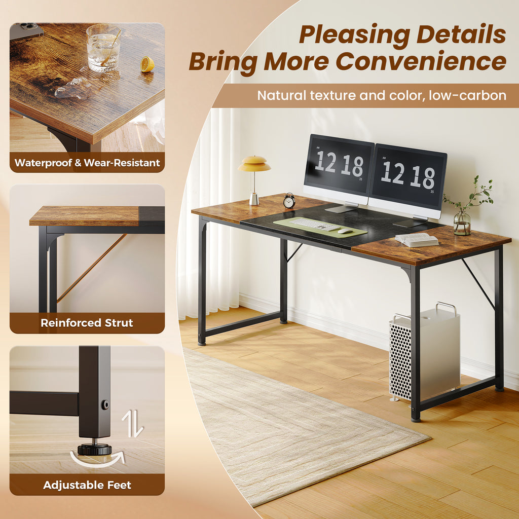 63" Computer Desk, Modern Office, Study & Gaming Desk with Storage, Large Legroom, Sturdy Metal Frame, Rustic Brown and Black