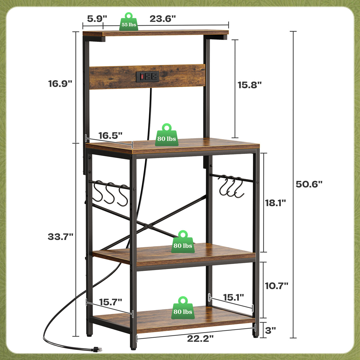 Amadwell 4-Tier Kitchen Storage Shelf Organizer Bakers Rack with Power Outlets, Coffee Bar & Microwave Stand, Brown