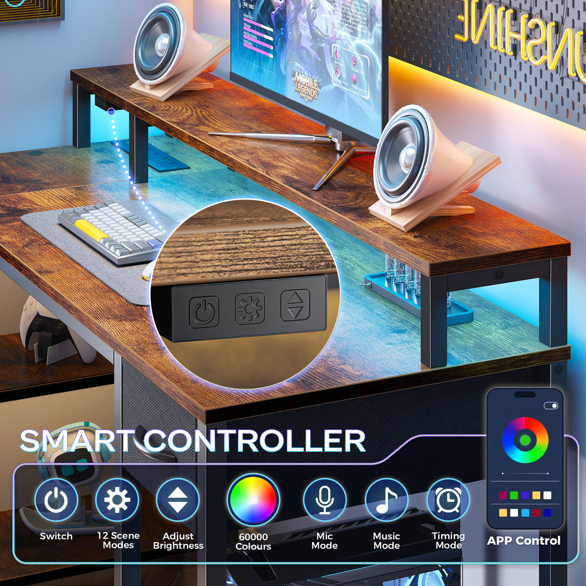 Amadwell 47 Inch L Shaped Desk with LED Strip, Corner Gaming Desk with Power Outlet, Drawer & Shelves, Brown
