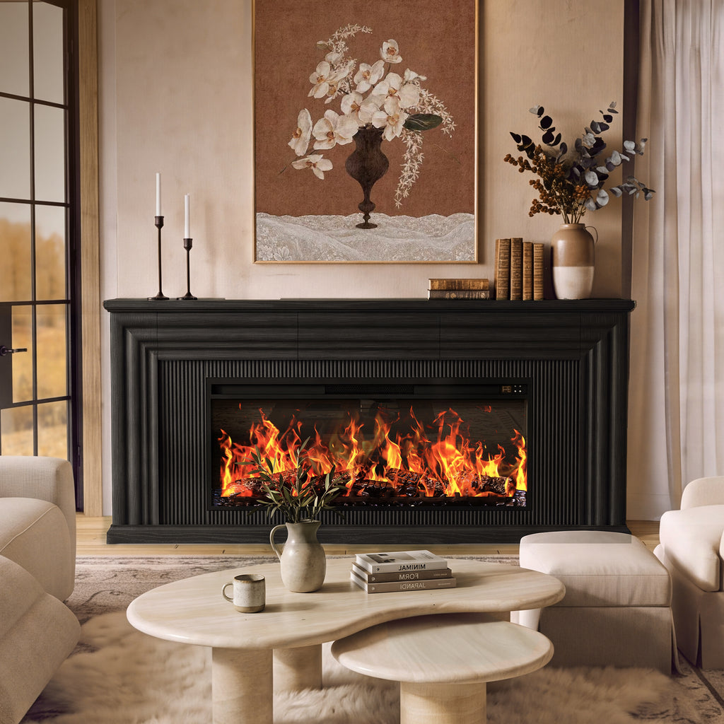 Amadwell 70'' Fireplace TV Stand for 65 75'' TV, Farmhouse TV Stand with 42'' Electric Fireplace, Entertainment Center TV Console for Living Room, 3 Storage Drawers & Fluted Design, Black