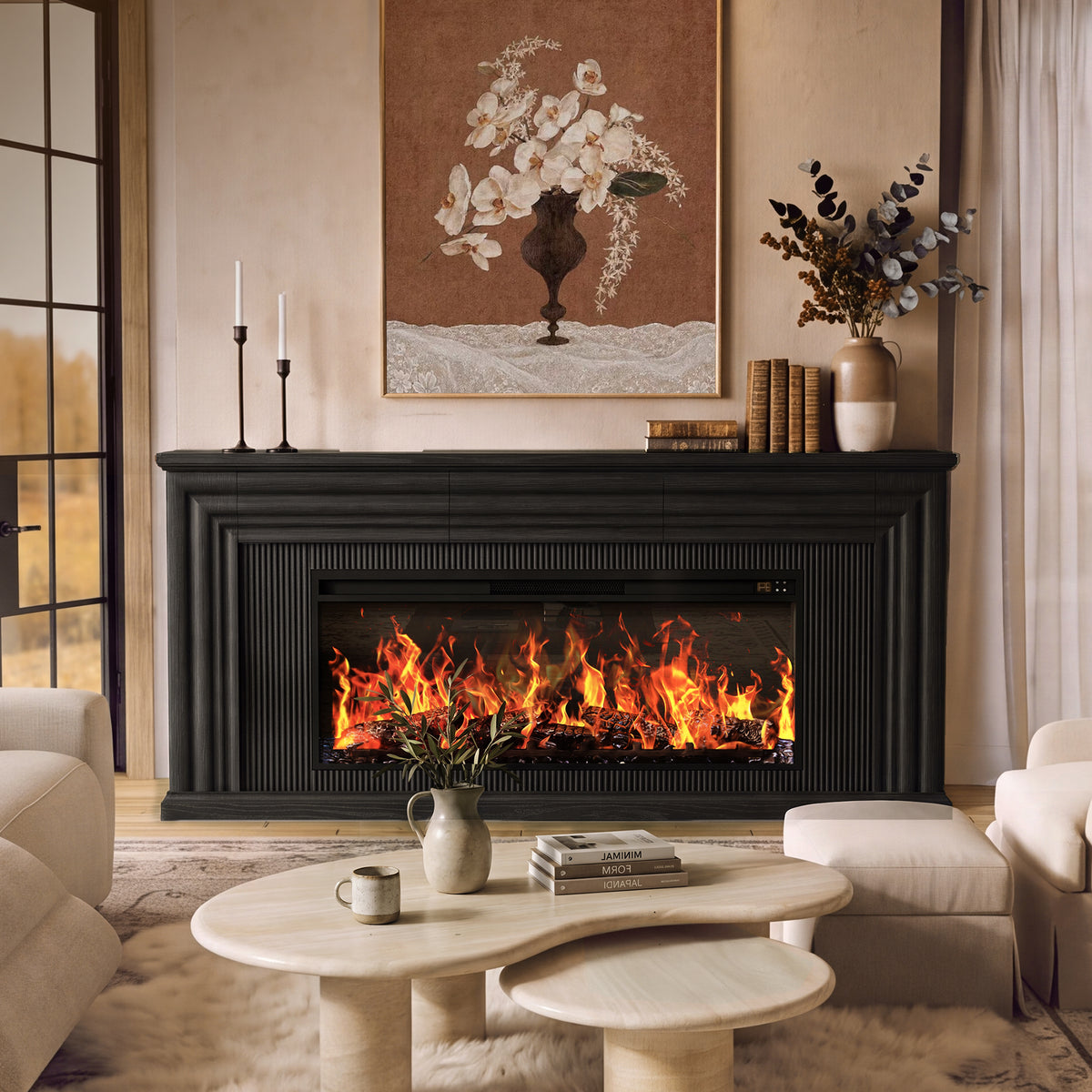 Amadwell 70'' Fireplace TV Stand for 65 75'' TV, Farmhouse TV Stand with 42'' Electric Fireplace, Entertainment Center TV Console for Living Room, 3 Storage Drawers & Fluted Design, Black