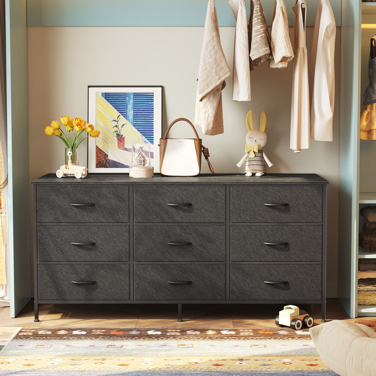 9 Drawer Bedroom Dresser with Storage, 47 Inch TV Stand for 50, 55 Inch TV, Fabric Chest for Closet, Black