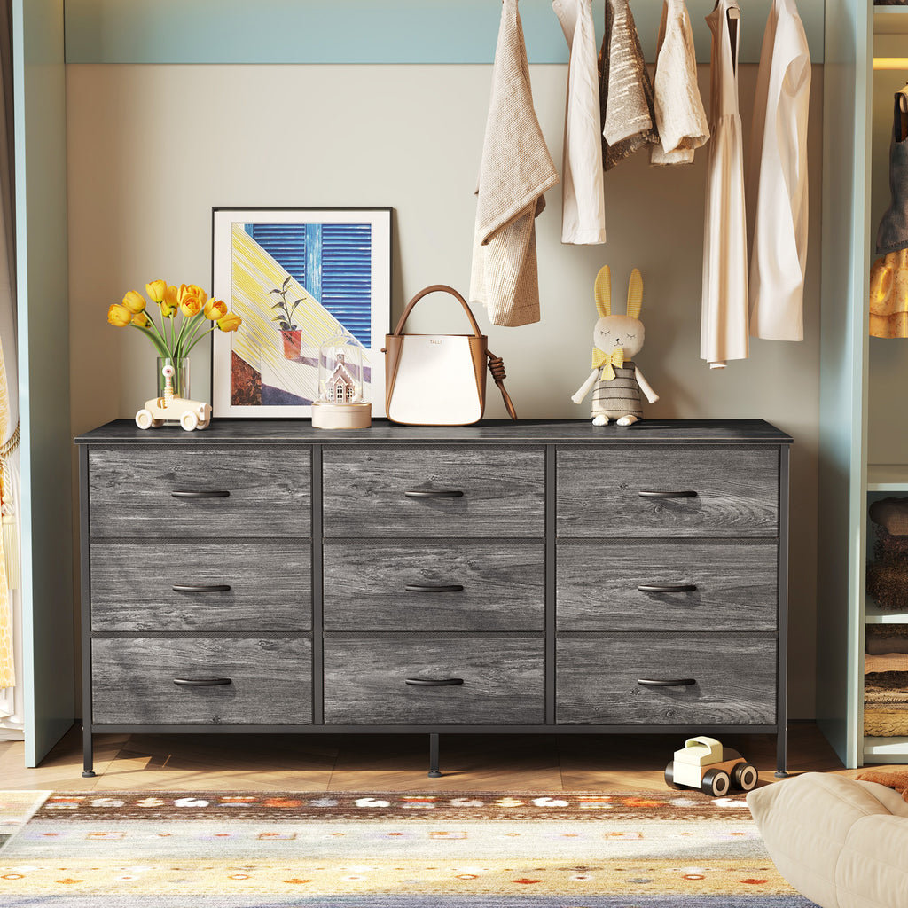 9 Drawer Bedroom Dresser with Storage, 47 Inch TV Stand for 50, 55 Inch TV, Fabric Chest for Closet, Gray