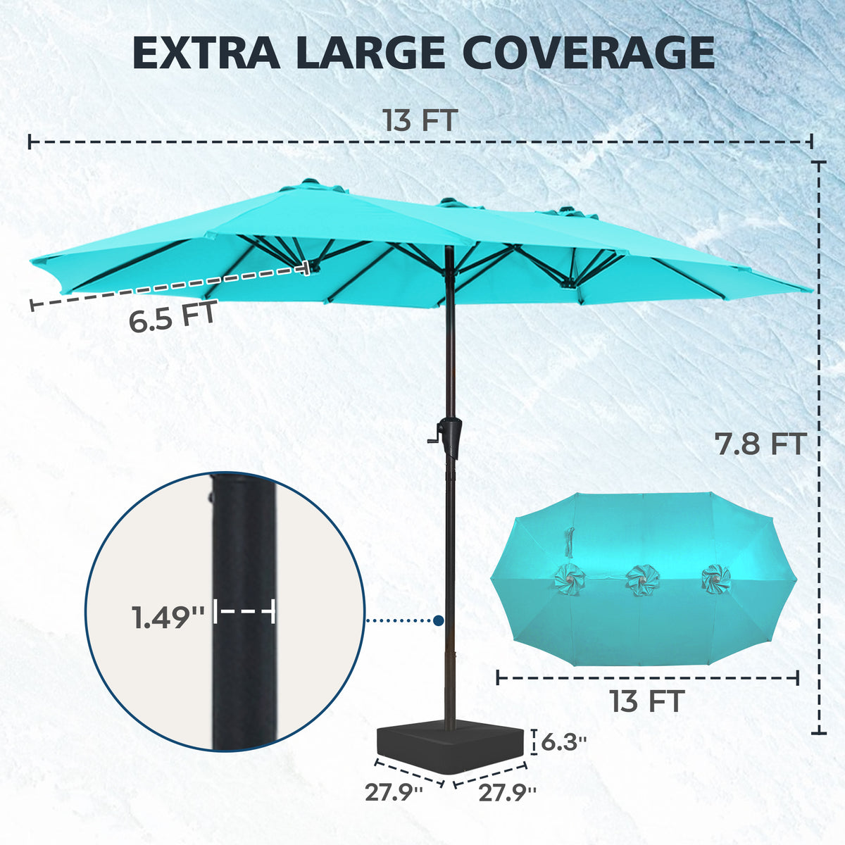 Amadwell 13FT Large Patio Umbrella with Base Included, Double Sided Outdoor Umbrellas, Light Blue