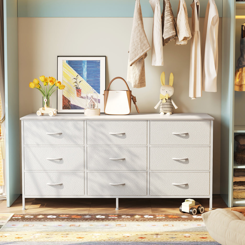 9 Drawer Bedroom Dresser with Storage, 47 Inch TV Stand for 50, 55 Inch TV, Fabric Chest for Closet, White