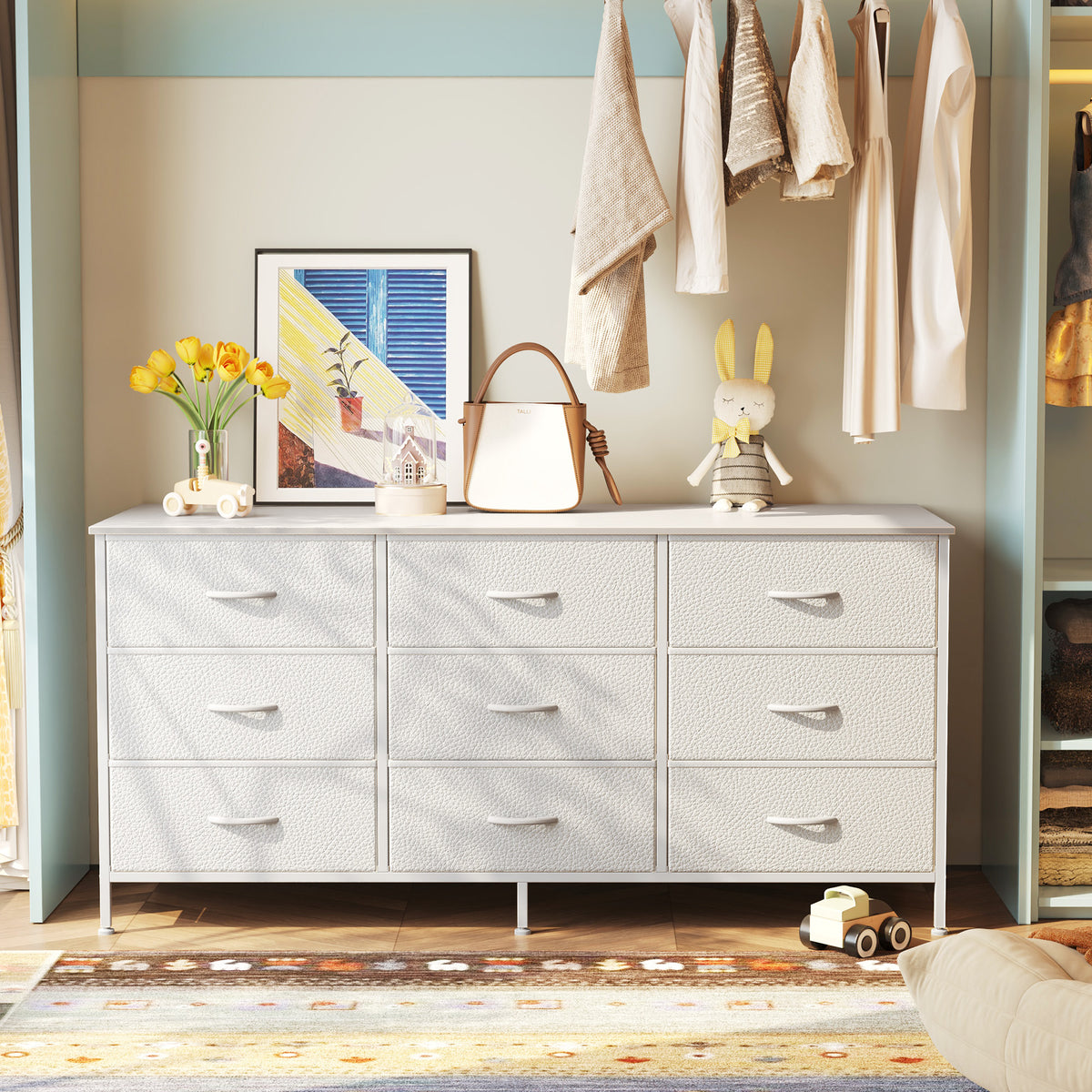 9 Drawer Bedroom Dresser with Storage, 47 Inch TV Stand for 50, 55 Inch TV, Fabric Chest for Closet, White