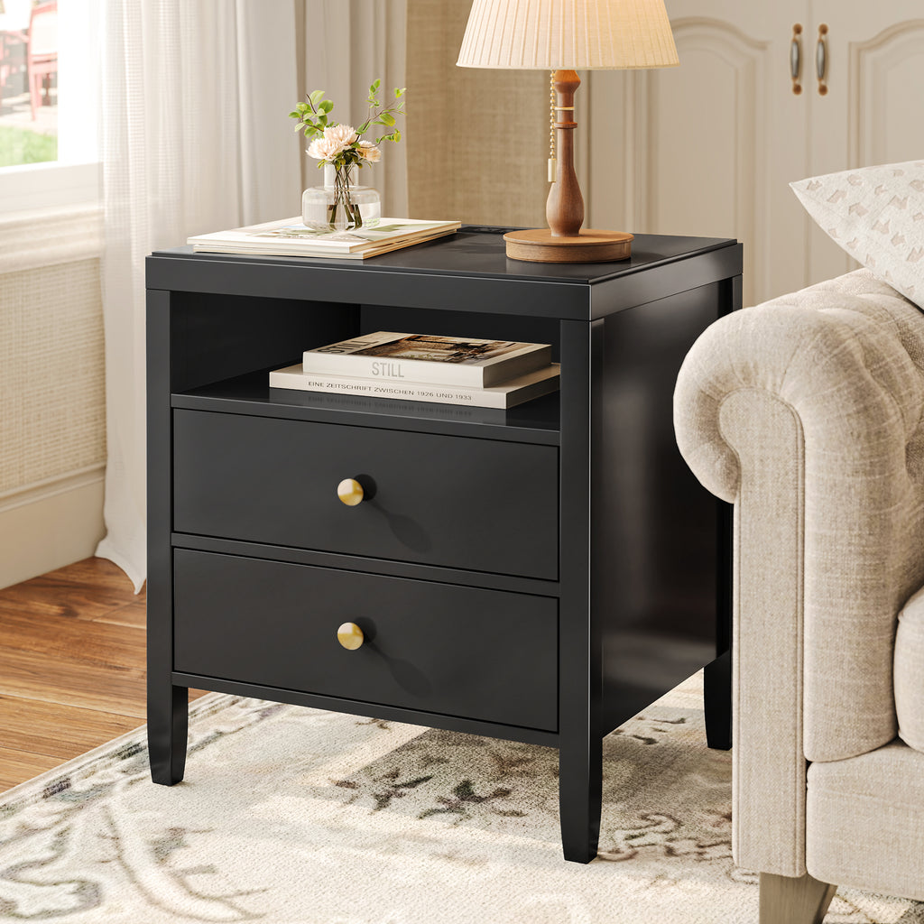 Amadwell Nightstand with Charging Station, Bedside End Table with 2 Drawers & Storage for Bedroom, Black