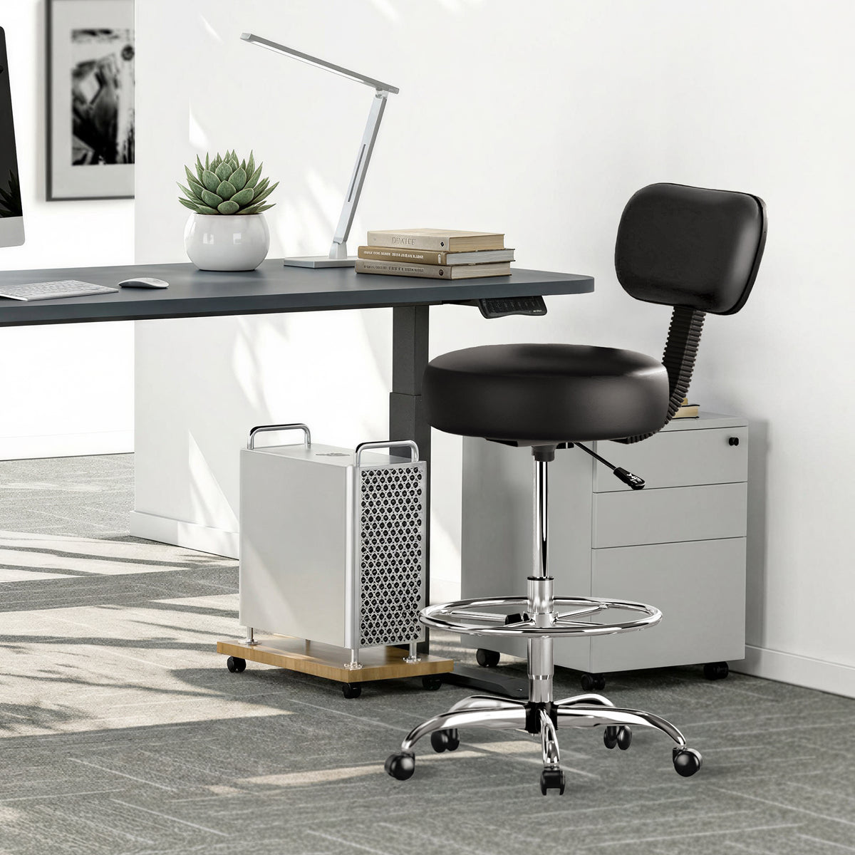 Amadwell Drafting Chair with Back Support, Adjustable Footrest Rolling Stool, Tall Office Desk Chair with Thick Cushion, Dark Black