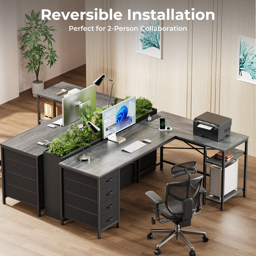 63 Inch L-Shaped Desk with Fabric Drawers, Reversible Home Office & Gaming Desk with Power Outlets, USB-C, and Adjustable Storage Shelves, Black