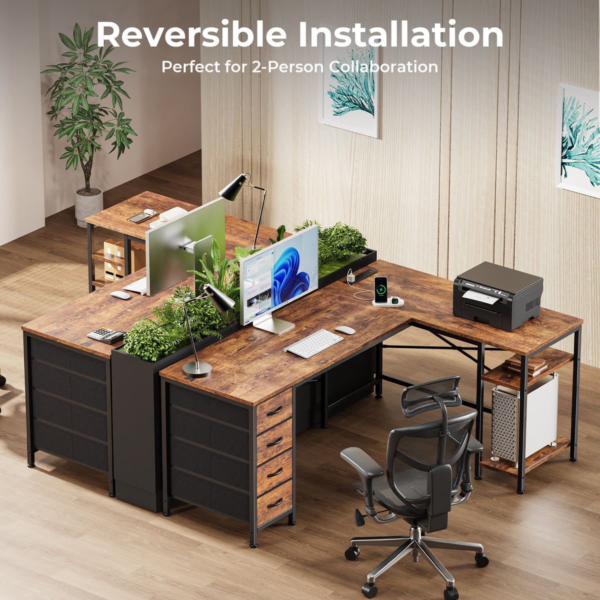 55 Inch L-Shaped Desk with Fabric Drawers, Reversible Home Office & Gaming Desk with Power Outlets, and Adjustable Storage Shelves