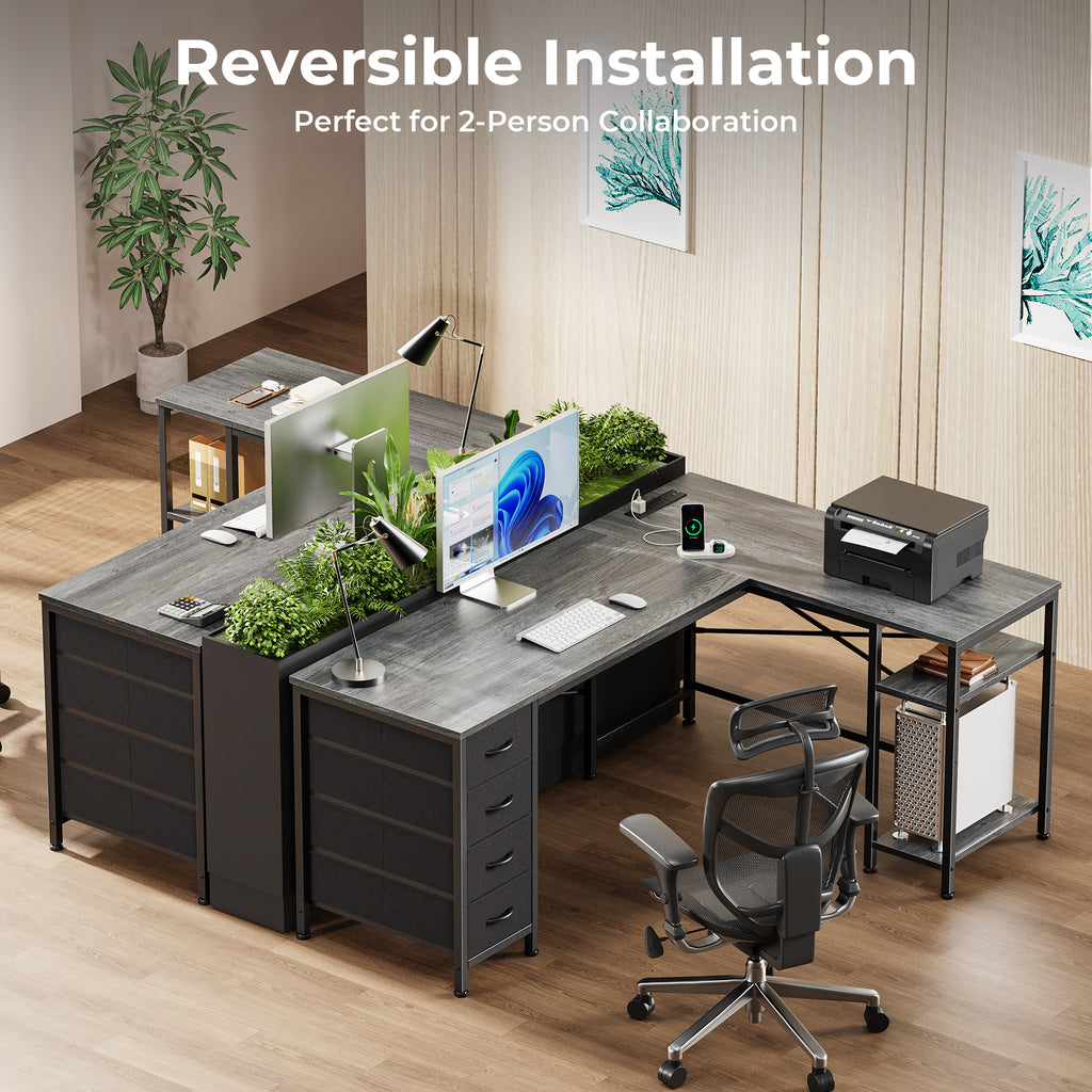 55 Inch L-Shaped Desk with Fabric Drawers, Reversible Home Office & Gaming Desk with Power Outlets, USB-C, and Adjustable Storage Shelves, Gray