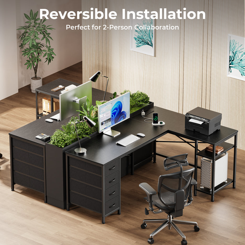 55 Inch L-Shaped Desk with Fabric Drawers, Reversible Home Office & Gaming Desk with Power Outlets, USB-C, and Adjustable Storage Shelves, Black