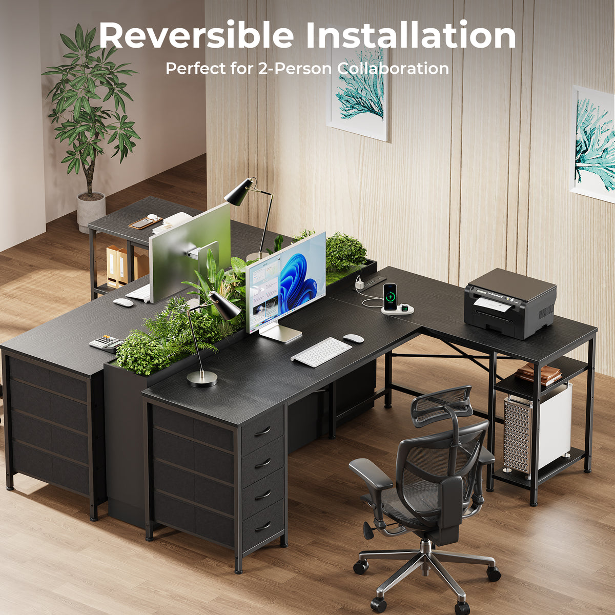 63 Inch L-Shaped Desk with Fabric Drawers, Reversible Home Office & Gaming Desk with Power Outlets, USB-C, and Adjustable Storage Shelves, Black