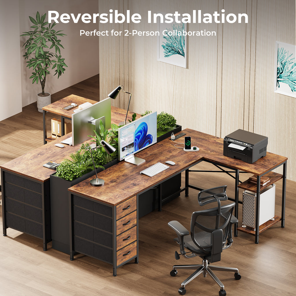 63 Inch L-Shaped Desk with Fabric Drawers, Reversible Home Office & Gaming Desk with Power Outlets, USB-C, and Adjustable Storage Shelves, Brown