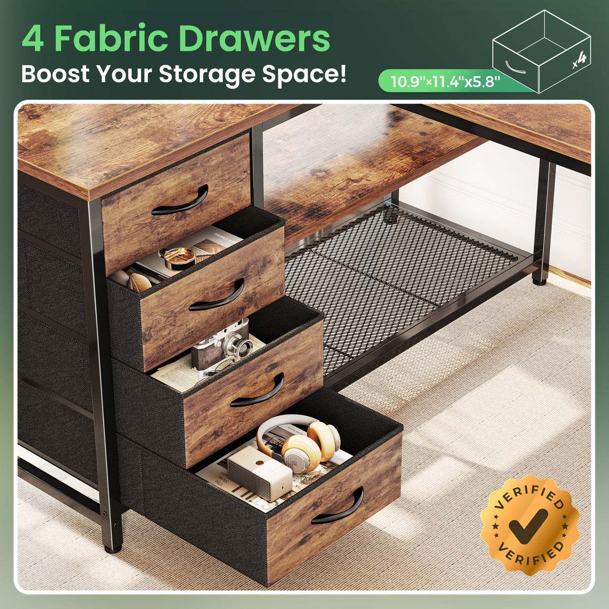 Amadwell 43 Inch L Shaped Desk with Power Outlets & Drawers, Reversible L-Shape Computer Desk, Brown